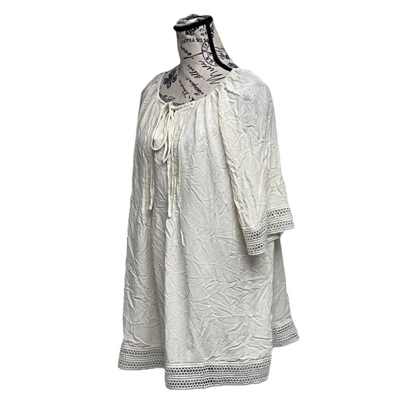 Aimage Women’s Cream Ivory Pintuck Boho Tunic Mini Dress L Semi Sheer Crochet - Picture 3 of 11